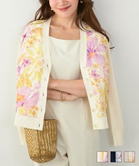 手洗い可 日本製 アンサンブル対応 秋冬春 長袖 可愛い 上品 きれいめ オフィス 柄 フェミニン ジョイントスペース フラワープリント ニット カーディガン Liala×PG