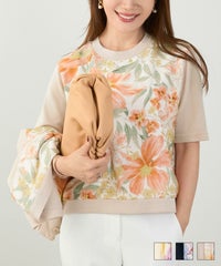 手洗い可 日本製 アンサンブル対応 秋冬春 可愛い 上品 きれいめ オフィス 柄 フェミニン ジョイントスペース フラワープリント ニット 半袖 Liala×PG