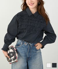 手洗い可 ラウンドヘム スリット パフスリーブ 上品 きれいめ フォーマル オフィス カジュアル フェミニン ジョイントスペース ホイップフリル 襟付き ブラウス 長袖 Liala×PG