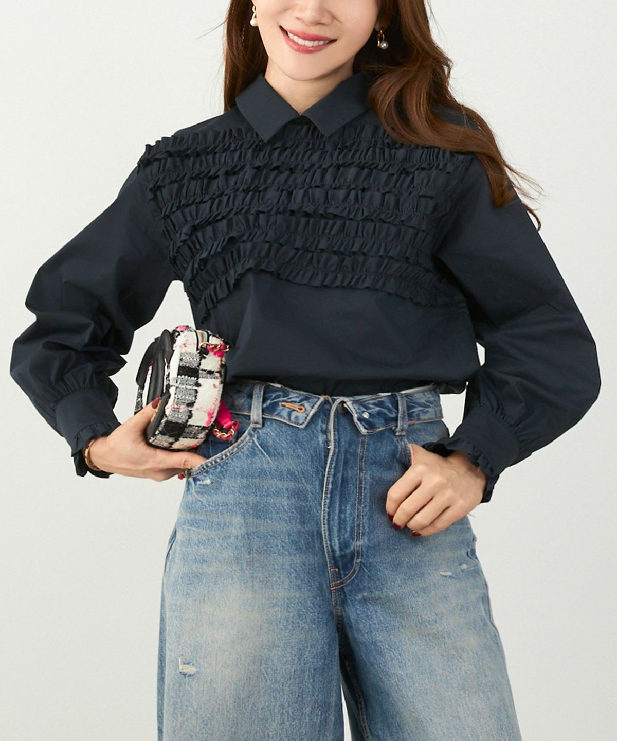 手洗い可 ラウンドヘム スリット パフスリーブ 上品 きれいめ フォーマル オフィス カジュアル フェミニン ジョイントスペース