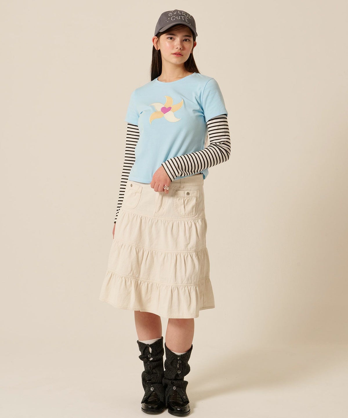 ティアー/ ミディ丈/フレア/スカート/ホワイト