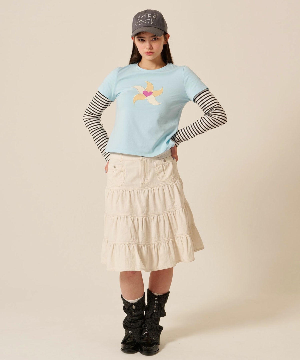 ティアー/ ミディ丈/フレア/スカート/ホワイト