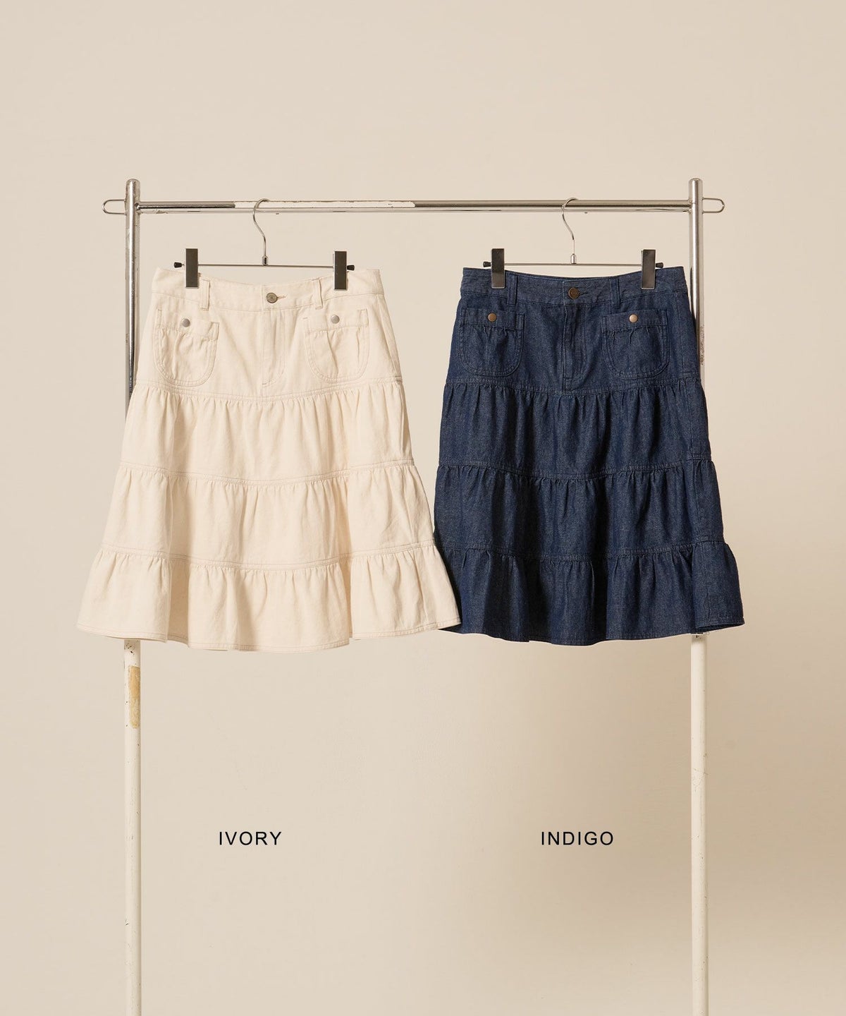 ティアー/ ミディ丈/フレア/スカート/デニム/ホワイト