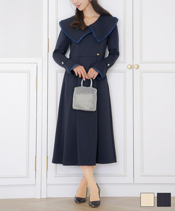 ワンピース アシメカラー きれいめ 上品 エレガント フェミニン アイボリー ネイビー シアー エアリー あたたか カットソー ダンボールニット 伸縮 後ろファスナー 着脱 長袖 セミオケージョン アシメカラー カット ワンピース le reve vaniller