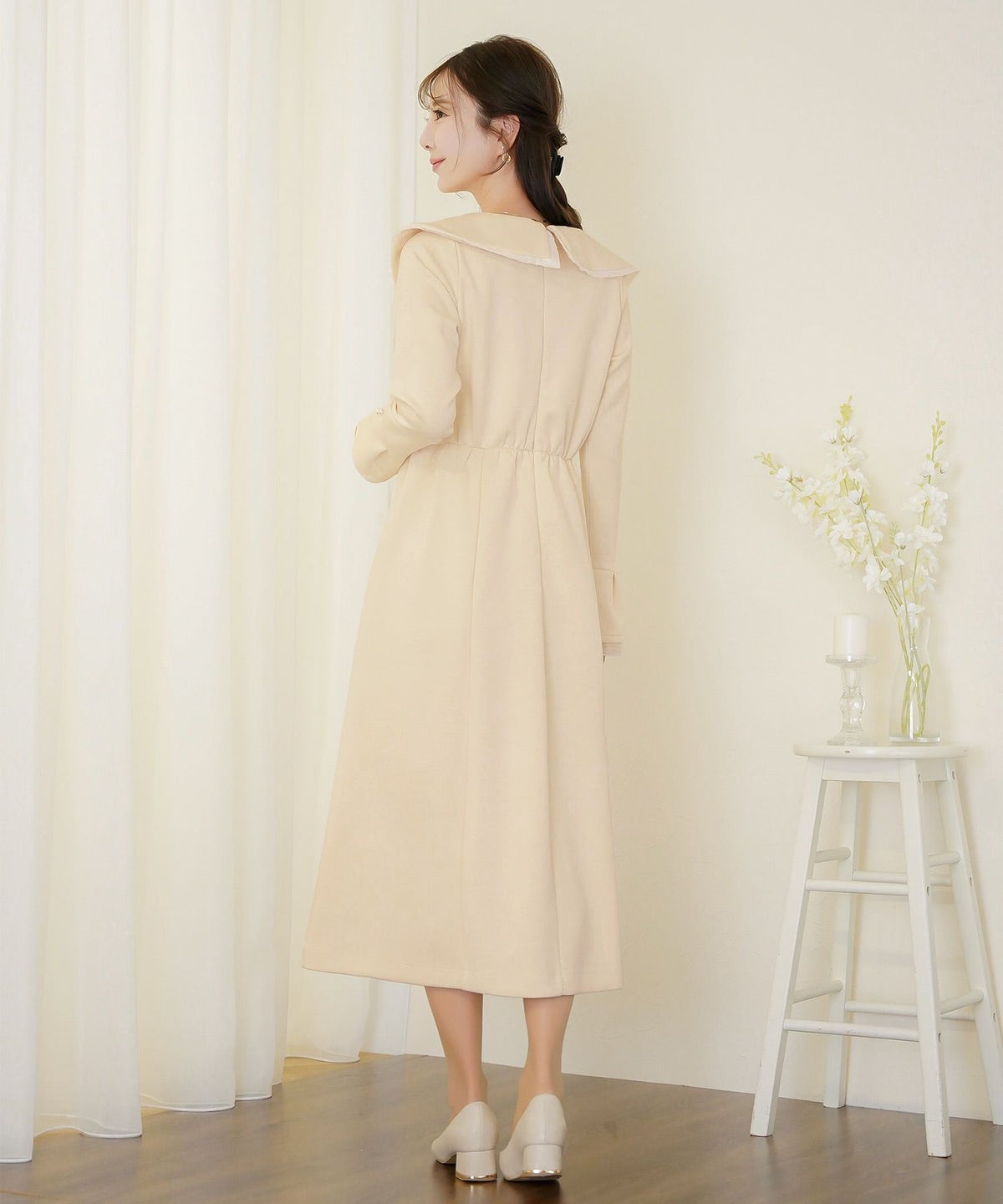 ワンピース アシメカラー きれいめ 上品 エレガント フェミニン アイボリー ネイビー シアー エアリー あたたか カットソー ダンボールニット 伸縮 後ろファスナー 着脱 長袖 セミオケージョン