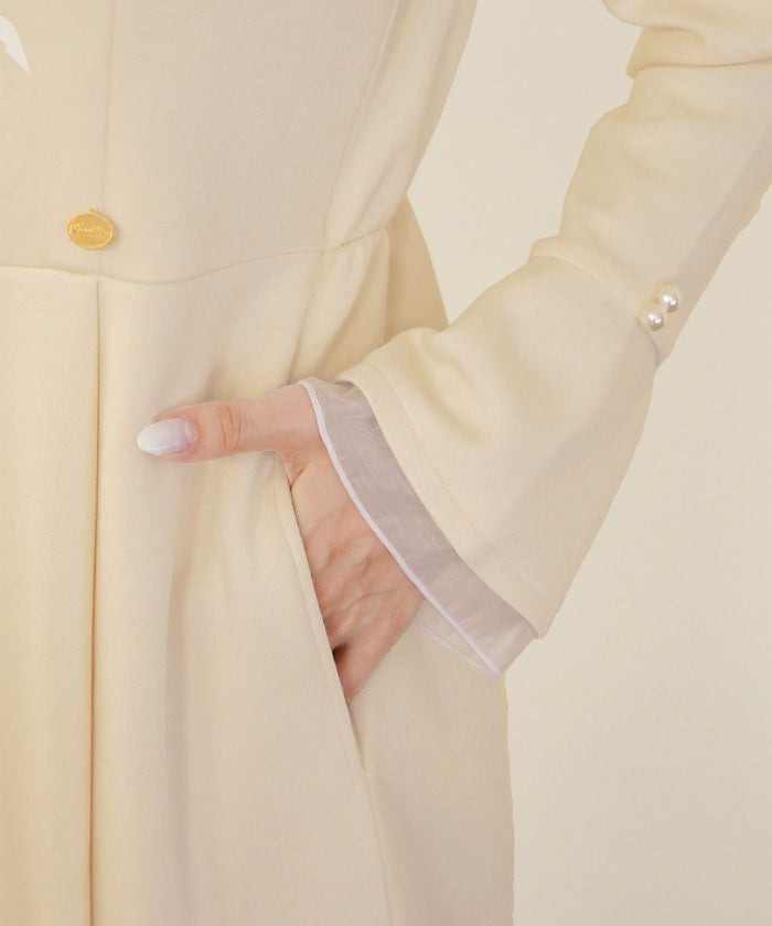 ワンピース アシメカラー きれいめ 上品 エレガント フェミニン アイボリー ネイビー シアー エアリー あたたか カットソー ダンボールニット 伸縮 後ろファスナー 着脱 長袖 セミオケージョン