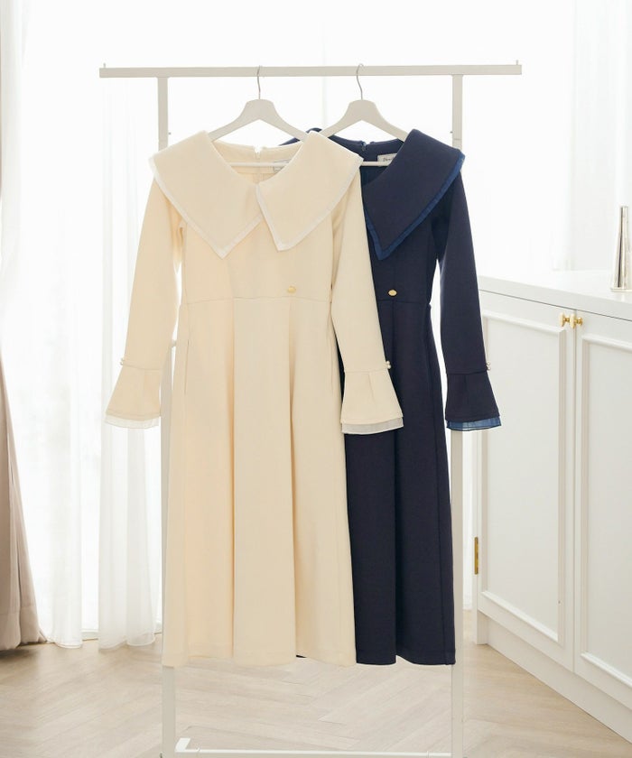 ワンピース アシメカラー きれいめ 上品 エレガント フェミニン アイボリー ネイビー シアー エアリー あたたか カットソー ダンボールニット 伸縮 後ろファスナー 着脱 長袖 セミオケージョン