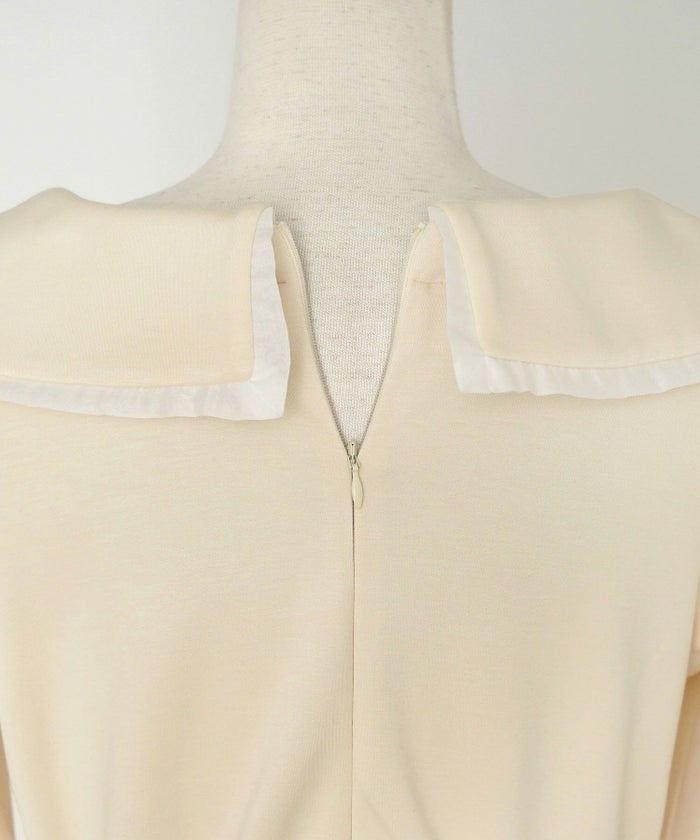 ワンピース アシメカラー きれいめ 上品 エレガント フェミニン アイボリー ネイビー シアー エアリー あたたか カットソー ダンボールニット 伸縮 後ろファスナー 着脱 長袖 セミオケージョン