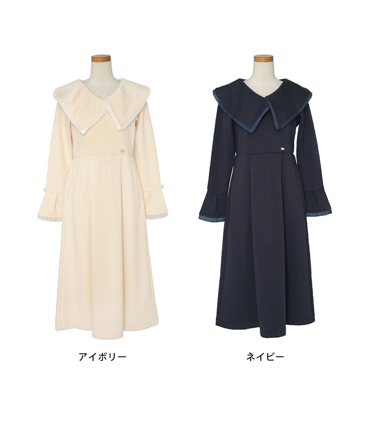 ワンピース アシメカラー きれいめ 上品 エレガント フェミニン アイボリー ネイビー シアー エアリー あたたか カットソー ダンボールニット 伸縮 後ろファスナー 着脱 長袖 セミオケージョン