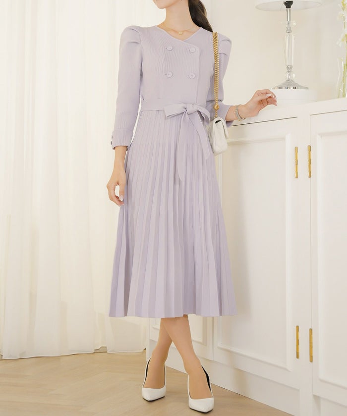 ワンピース オケージョン 袖山タック フレア 長袖 ニット 上品 エレガント フェミニン きれいめ 可愛い ダブルボタン