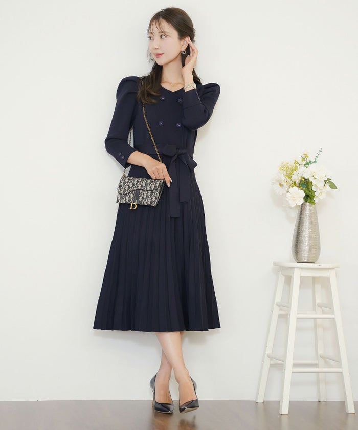 ワンピース オケージョン 袖山タック フレア 長袖 ニット 上品 エレガント フェミニン きれいめ 可愛い ダブルボタン