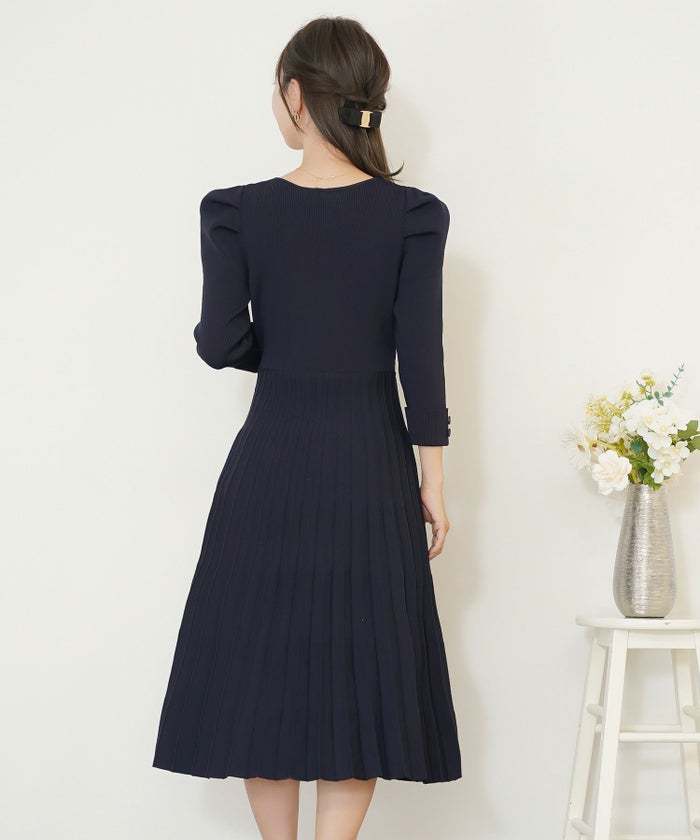ワンピース オケージョン 袖山タック フレア 長袖 ニット 上品 エレガント フェミニン きれいめ 可愛い ダブルボタン