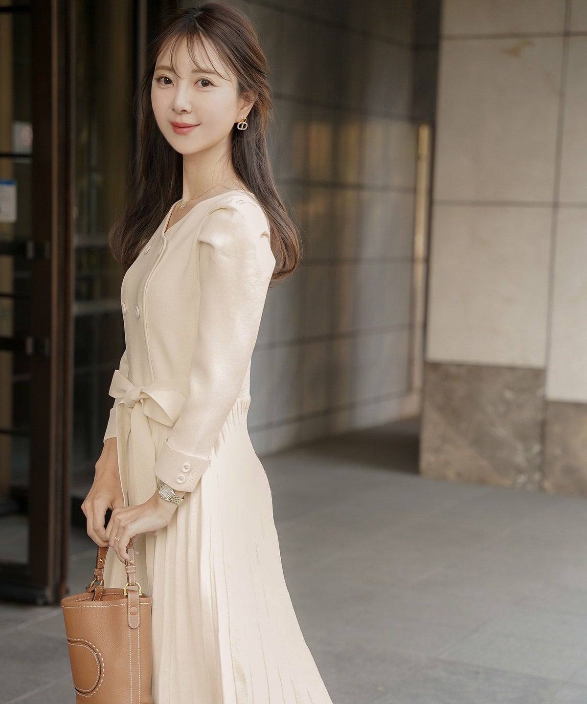 ワンピース オケージョン 袖山タック フレア 長袖 ニット 上品 エレガント フェミニン きれいめ 可愛い ダブルボタン