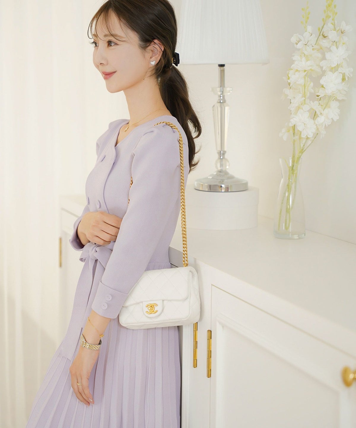 ワンピース オケージョン 袖山タック フレア 長袖 ニット 上品 エレガント フェミニン きれいめ 可愛い ダブルボタン