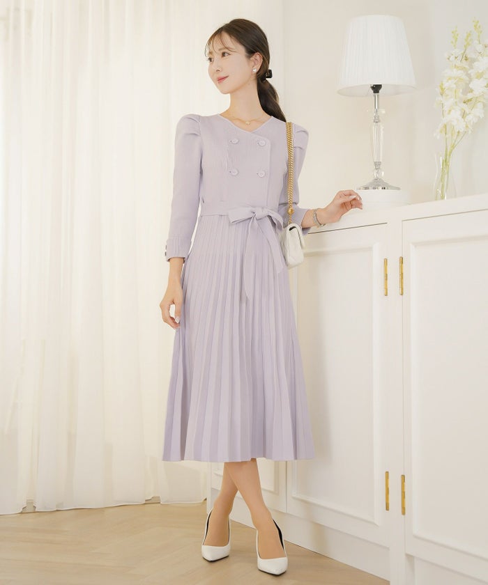 ワンピース オケージョン 袖山タック フレア 長袖 ニット 上品 エレガント フェミニン きれいめ 可愛い ダブルボタン