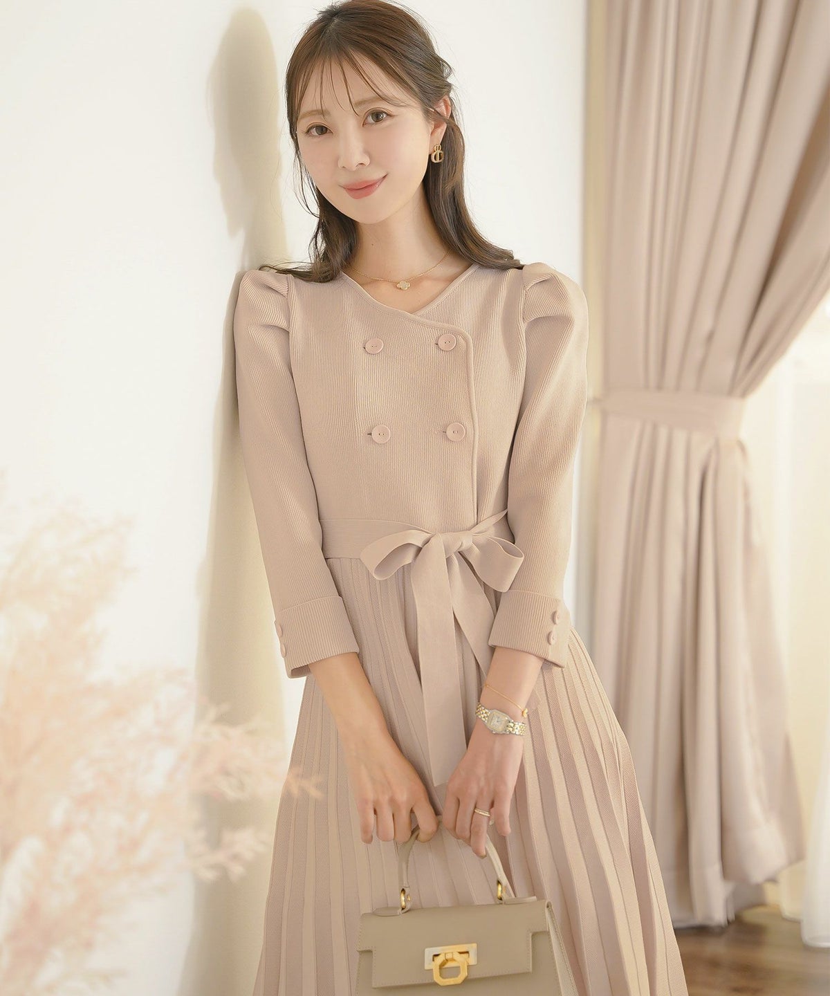 ワンピース オケージョン 袖山タック フレア 長袖 ニット 上品 エレガント フェミニン きれいめ 可愛い ダブルボタン
