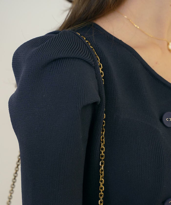 ワンピース オケージョン 袖山タック フレア 長袖 ニット 上品 エレガント フェミニン きれいめ 可愛い ダブルボタン