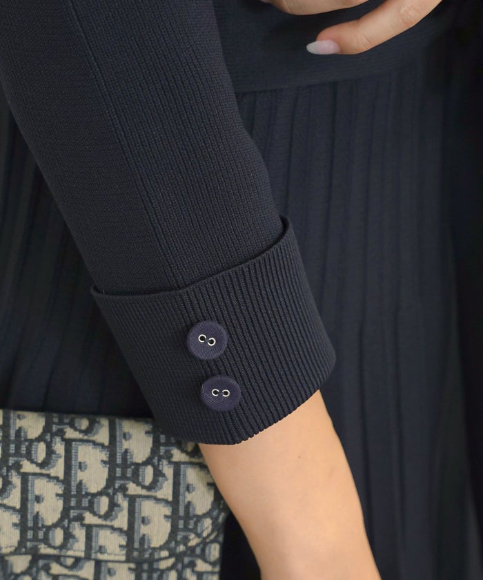 ワンピース オケージョン 袖山タック フレア 長袖 ニット 上品 エレガント フェミニン きれいめ 可愛い ダブルボタン