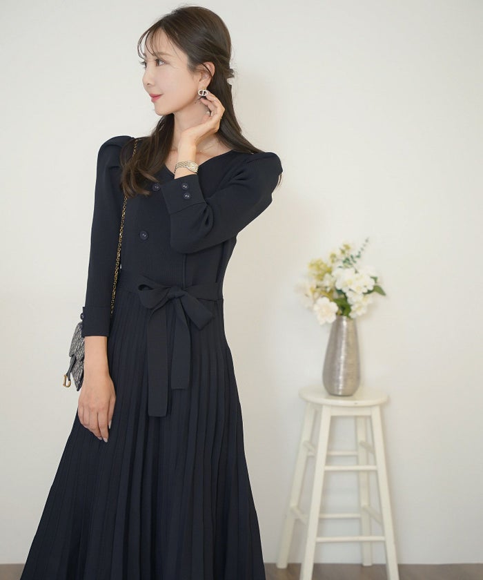 ワンピース オケージョン 袖山タック フレア 長袖 ニット 上品 エレガント フェミニン きれいめ 可愛い ダブルボタン