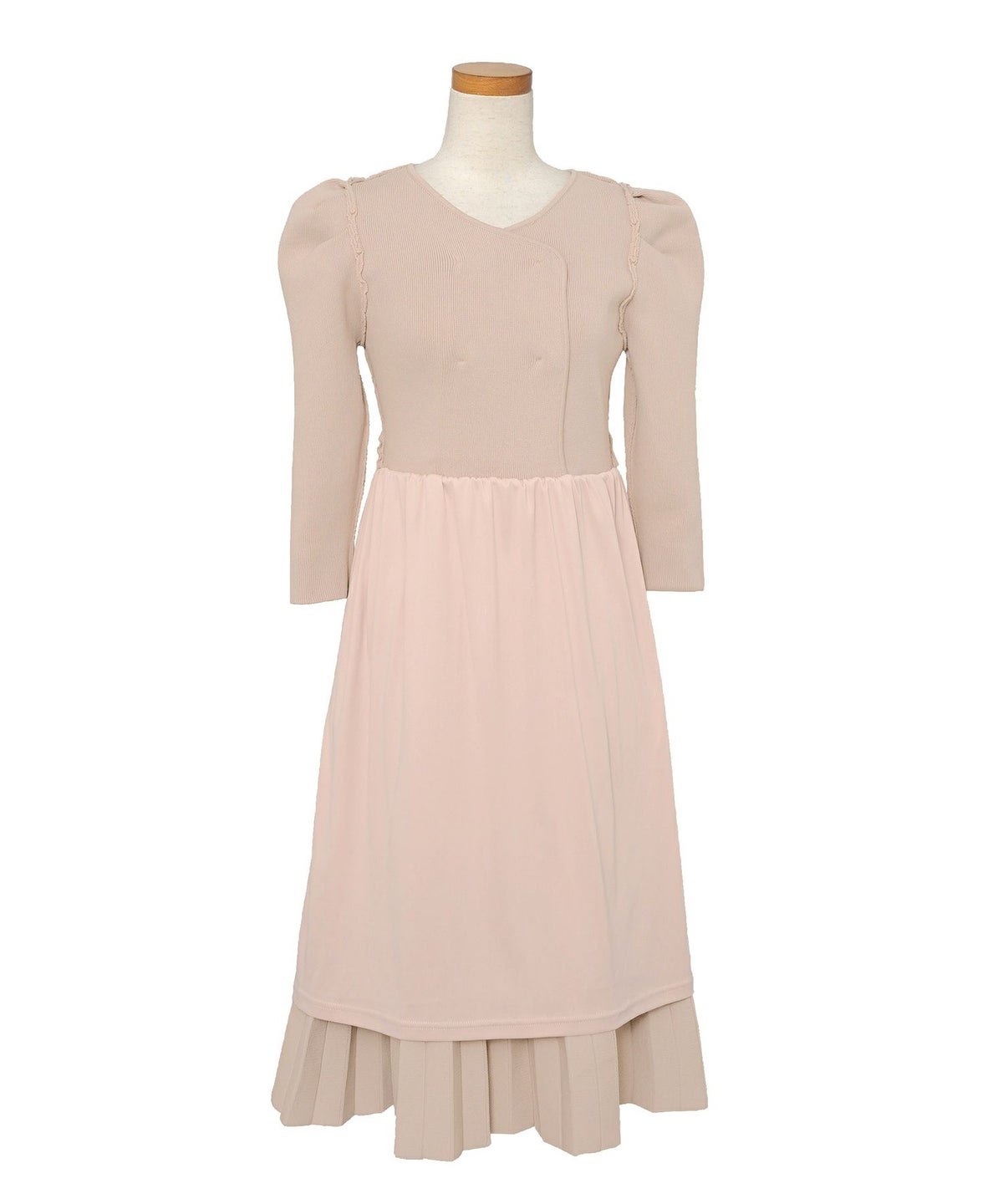 ワンピース オケージョン 袖山タック フレア 長袖 ニット 上品 エレガント フェミニン きれいめ 可愛い ダブルボタン