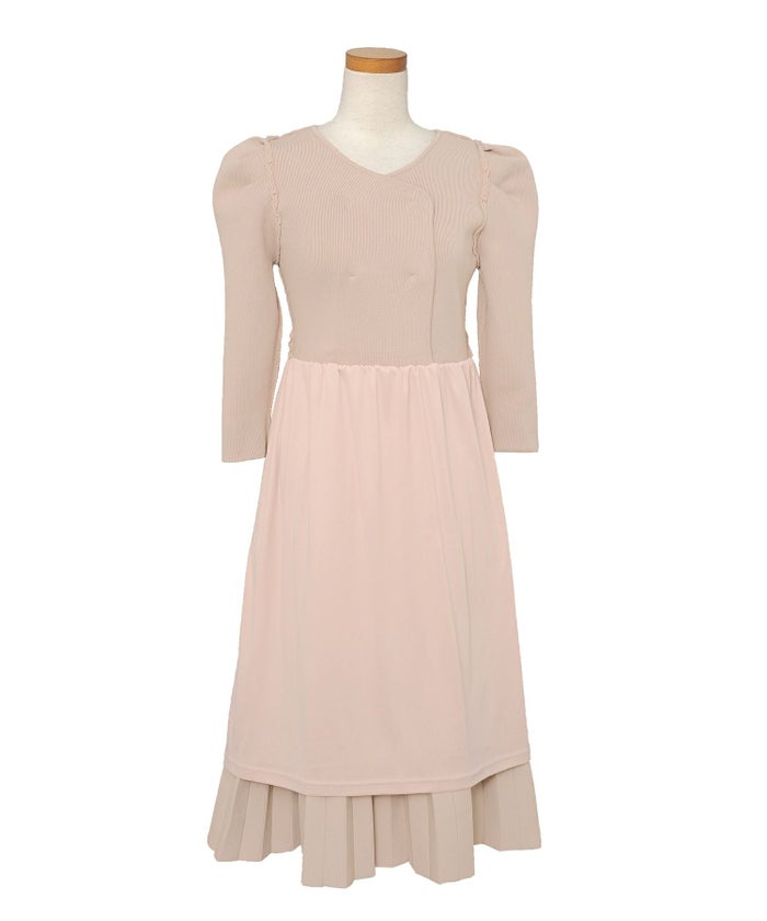 ワンピース オケージョン 袖山タック フレア 長袖 ニット 上品 エレガント フェミニン きれいめ 可愛い ダブルボタン