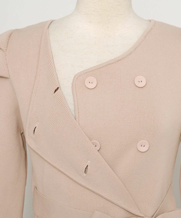 ワンピース オケージョン 袖山タック フレア 長袖 ニット 上品 エレガント フェミニン きれいめ 可愛い ダブルボタン