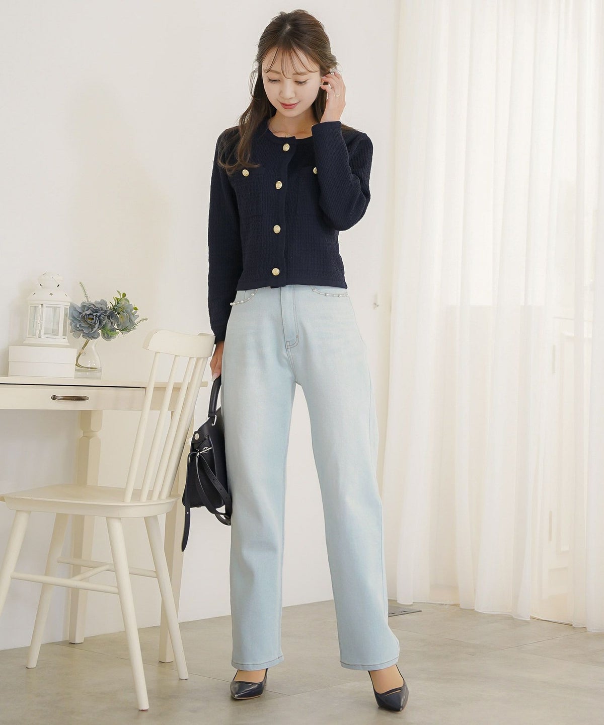 ボトムス パンツ デニム パール カジュアル ライトブルー ブルー インディゴ 刺繍 ウエスト調整 ゴム S M