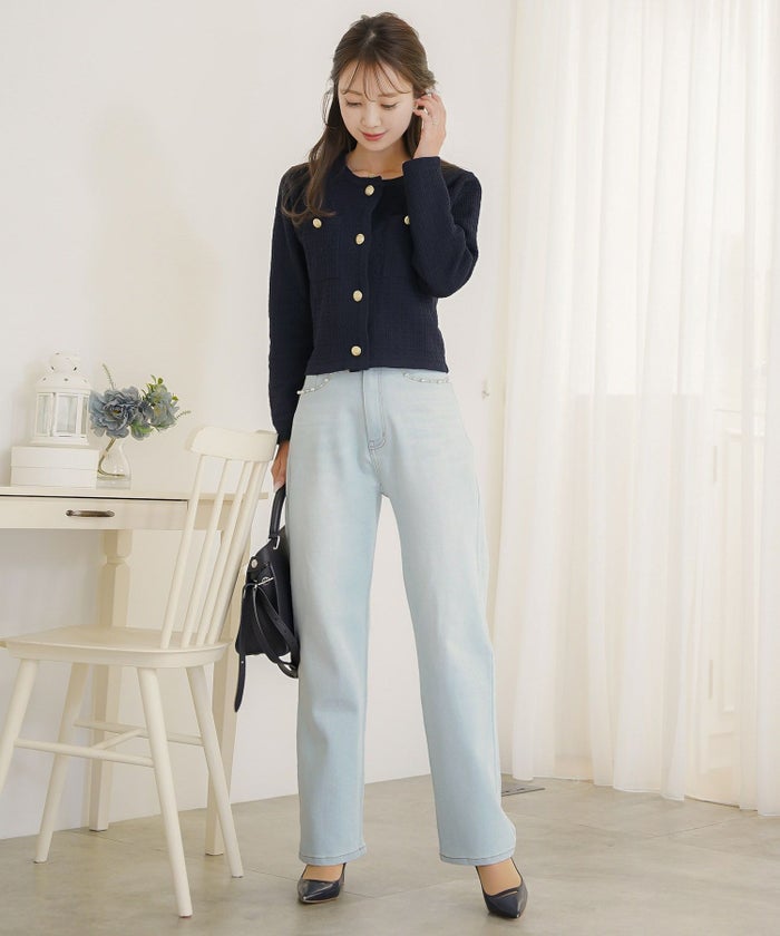 ボトムス パンツ デニム パール カジュアル ライトブルー ブルー インディゴ 刺繍 ウエスト調整 ゴム S M