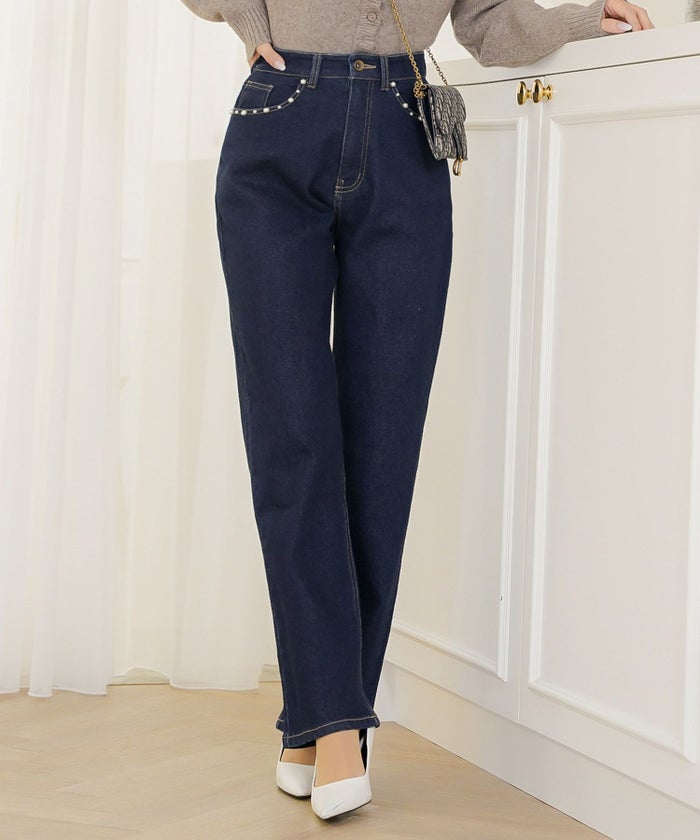 ボトムス パンツ デニム パール カジュアル ライトブルー ブルー インディゴ 刺繍 ウエスト調整 ゴム S M