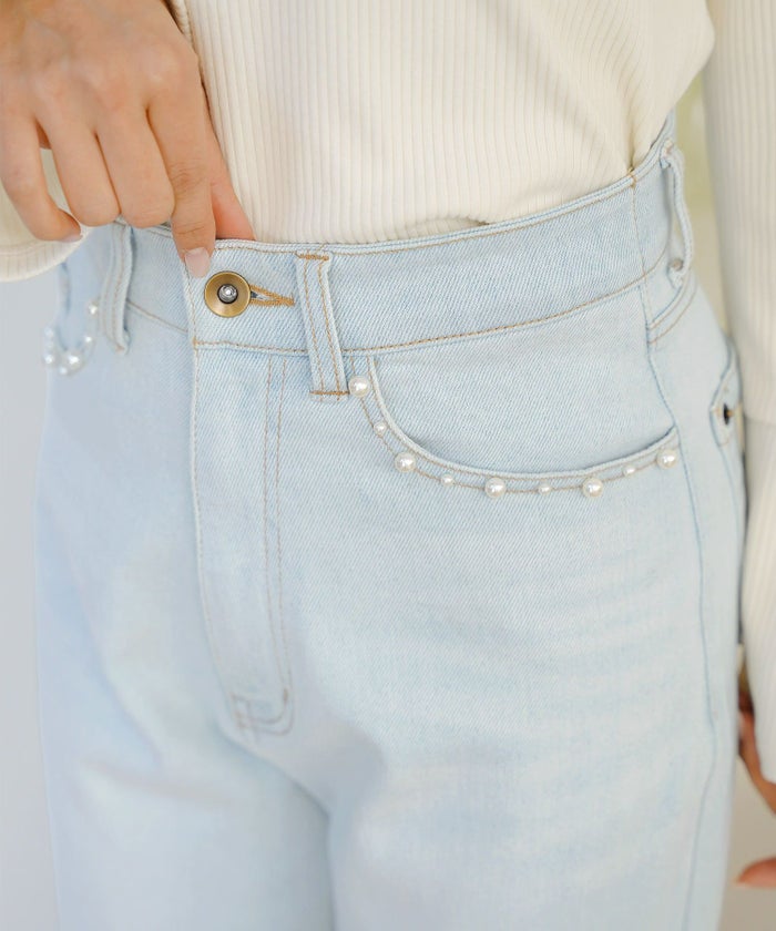 ボトムス パンツ デニム パール カジュアル ライトブルー ブルー インディゴ 刺繍 ウエスト調整 ゴム S M