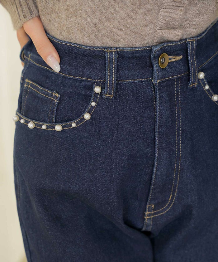 ボトムス パンツ デニム パール カジュアル ライトブルー ブルー インディゴ 刺繍 ウエスト調整 ゴム S M