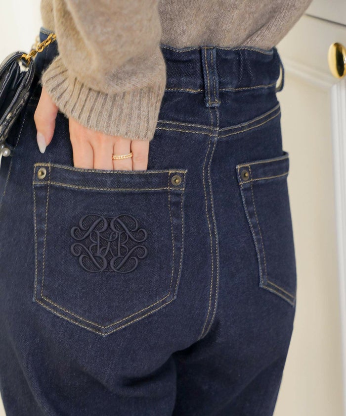 ボトムス パンツ デニム パール カジュアル ライトブルー ブルー インディゴ 刺繍 ウエスト調整 ゴム S M