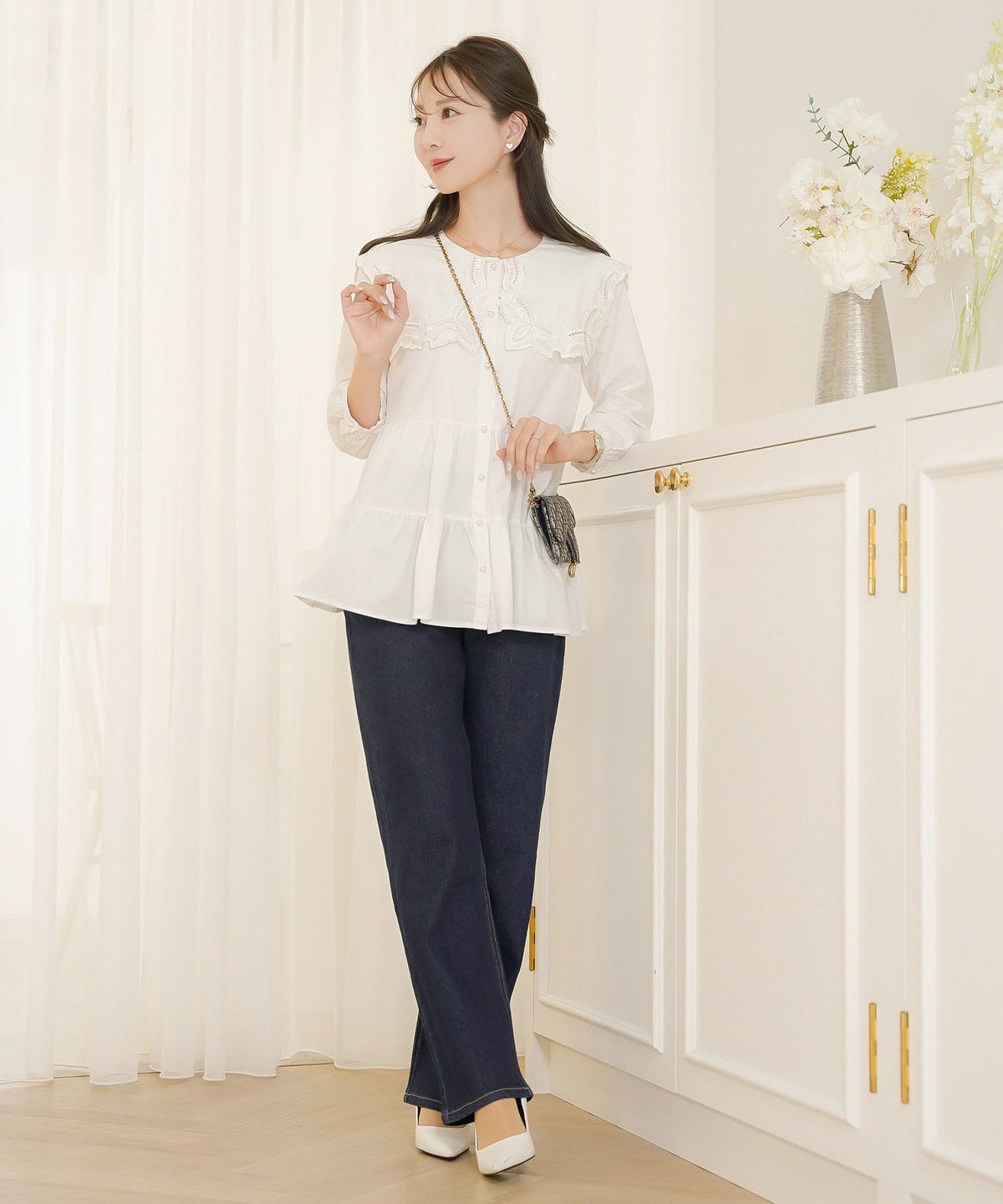 ボトムス パンツ デニム パール カジュアル ライトブルー ブルー インディゴ 刺繍 ウエスト調整 ゴム S M