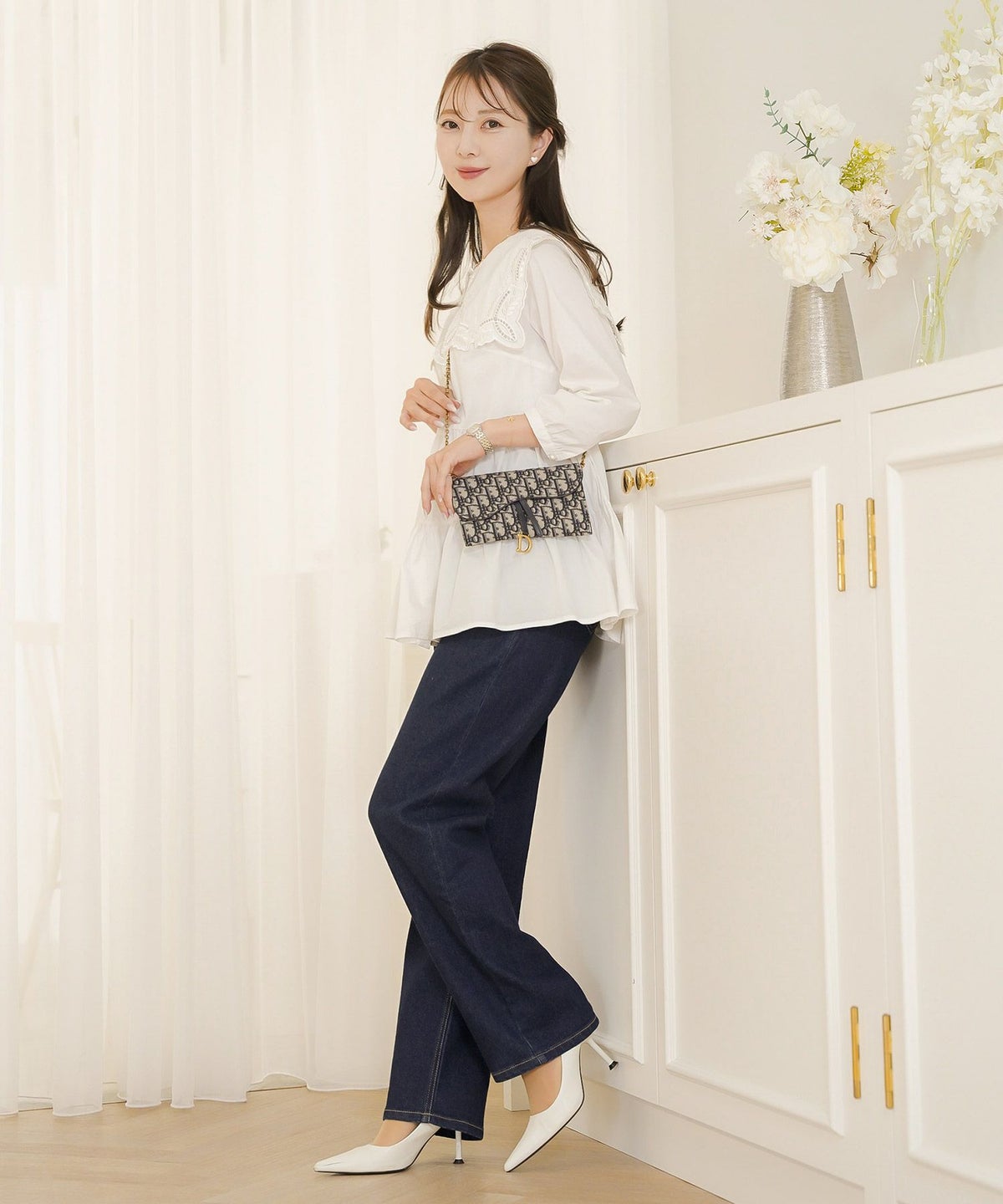 ボトムス パンツ デニム パール カジュアル ライトブルー ブルー インディゴ 刺繍 ウエスト調整 ゴム S M