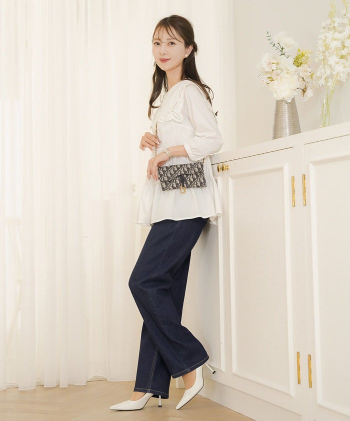 ボトムス パンツ デニム パール カジュアル ライトブルー ブルー インディゴ 刺繍 ウエスト調整 ゴム S M