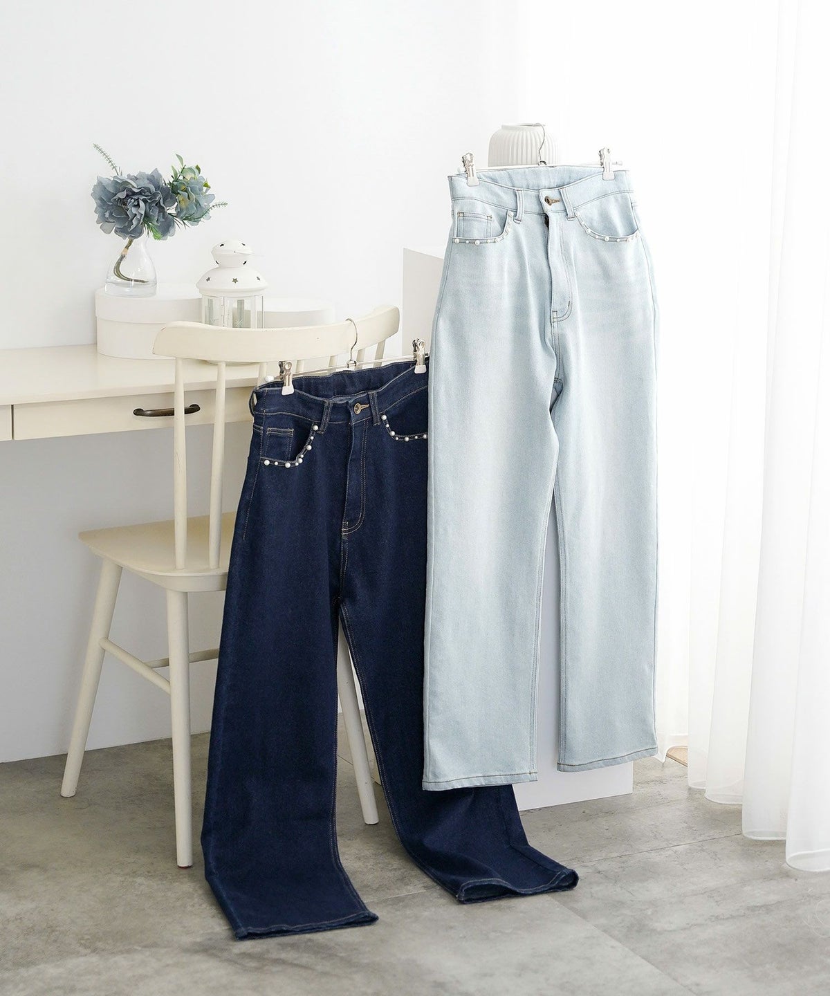 ボトムス パンツ デニム パール カジュアル ライトブルー ブルー インディゴ 刺繍 ウエスト調整 ゴム S M