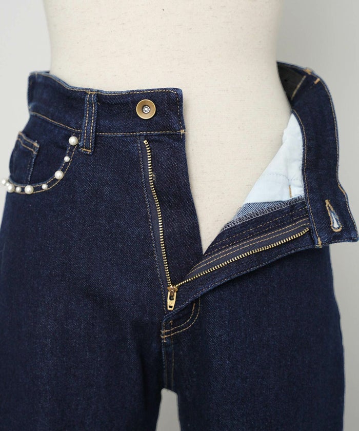 ボトムス パンツ デニム パール カジュアル ライトブルー ブルー インディゴ 刺繍 ウエスト調整 ゴム S M