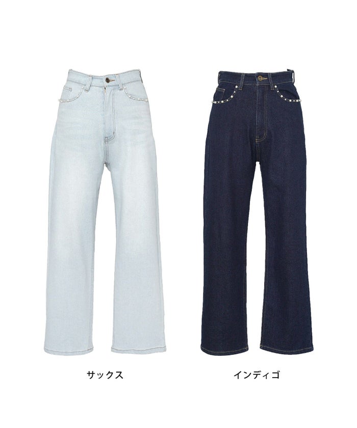 ボトムス パンツ デニム パール カジュアル ライトブルー ブルー インディゴ 刺繍 ウエスト調整 ゴム S M