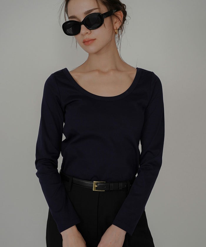 uネック tシャツ クルーネック 深め カットソー タイト ルームウエア オシャレ 無地 オフショル ロンT  女性らしい モテワンピ デートコーデ 大人 ディナー あざと可愛い 肌見せ 韓国風 綺麗め 細見え カジュアル スタイル盛れ KINO THE KEI