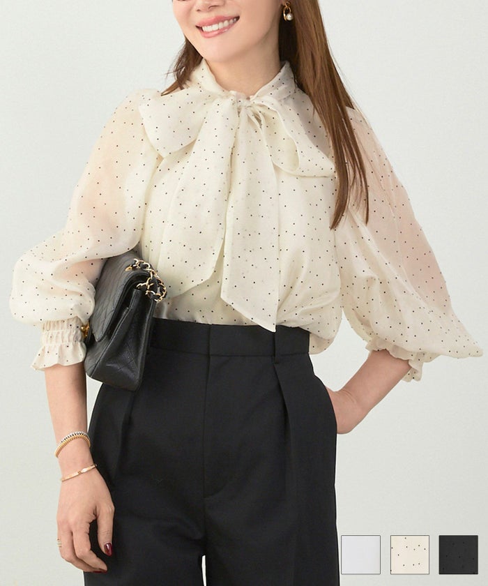 フロッキードット パフ袖 ボウタイ フリル襟 ブラウス Liala×PG 全3色｜lpg811-2223【1】