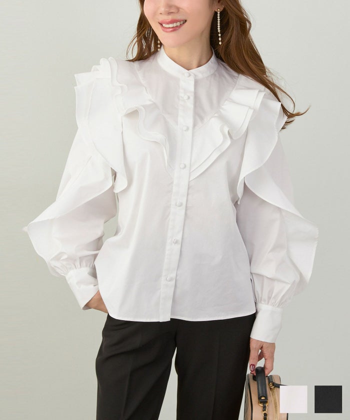 手洗い可 ビッグカラー 大人可愛い 上品 きれいめ オフィス 大人カジュアル フェミニン 白黒 ジョイントスペース ラッフル バンドカラー シャツ Liala×PG