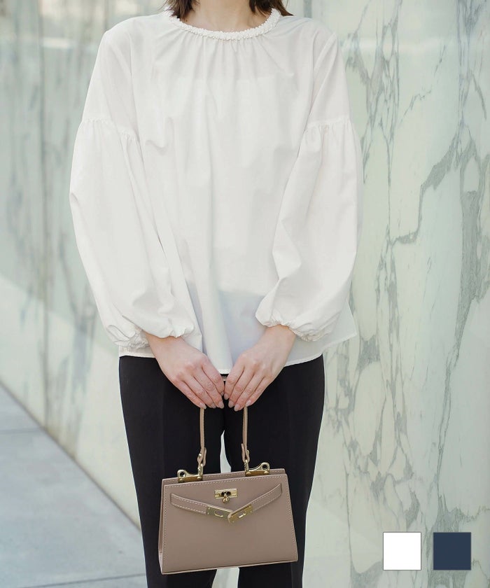 襟ぐりビジュー バルーンスリーブ ブラウス トップス レディース 長袖 オフィス 春夏秋 ウォッシャブル ホワイト ネイビー M 襟ぐりビジュー バルーンスリーブ ブラウス HUIT