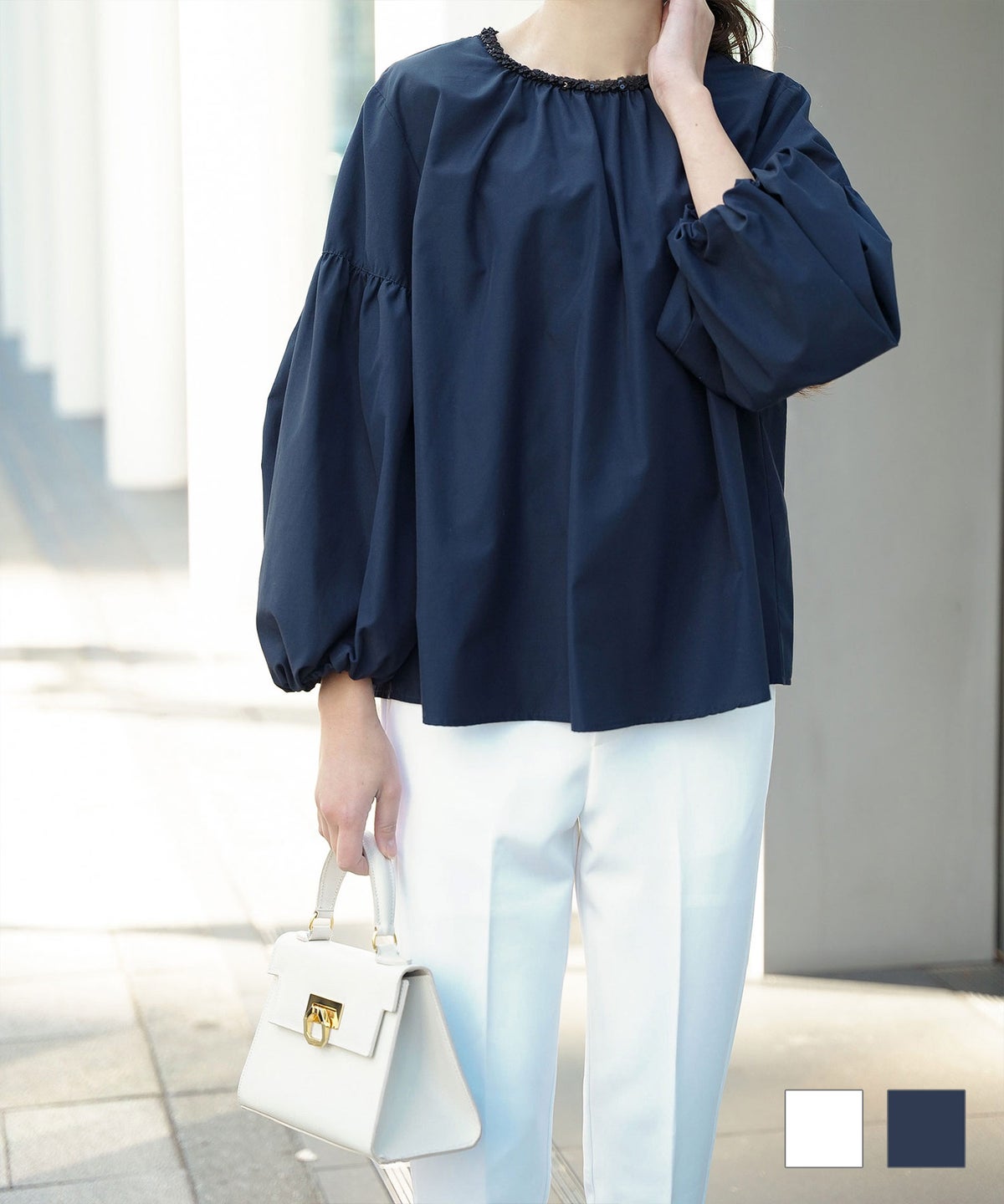 襟ぐりビジュー バルーンスリーブ ブラウス トップス レディース 長袖 オフィス 春夏秋 ウォッシャブル ホワイト ネイビー M 襟ぐりビジュー バルーンスリーブ ブラウス HUIT