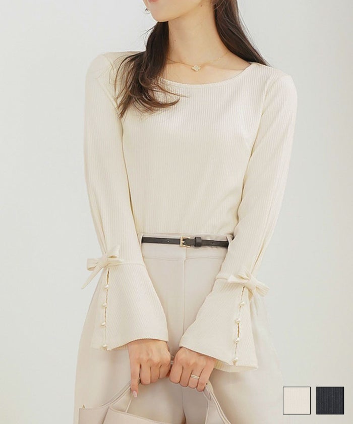 トップス カットソー リブ 袖口 リボン 切替 フレア ベルスリーブ フレアスリーブ シンプル 袖映え パール クルーネック 春 秋  フレア 袖リボン パール カットソー le reve vaniller