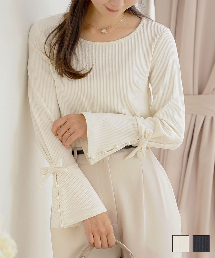トップス カットソー リブ 袖口 リボン 切替 フレア ベルスリーブ フレアスリーブ シンプル 袖映え パール クルーネック 春 秋  フレア 袖リボン パール カットソー le reve vaniller