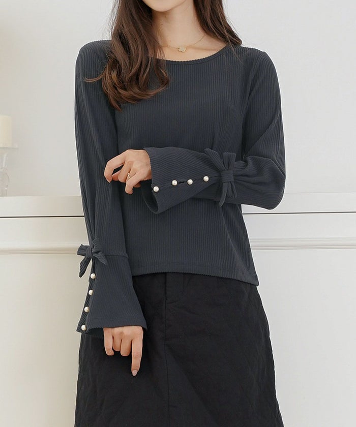 トップス カットソー リブ 袖口 リボン 切替 フレア ベルスリーブ フレアスリーブ シンプル 袖映え パール クルーネック 春 秋