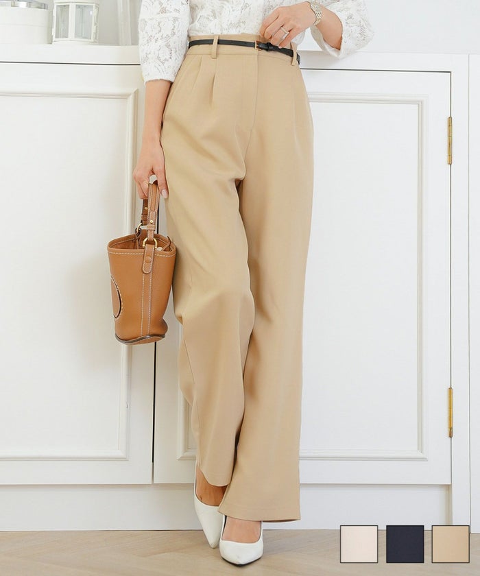 ボトムス パンツ ワイドパンツ ベルト付き ポケット 高身長向け 脚長 体型カバー センタープレス  ベルト付き ワイド パンツ le reve vaniller