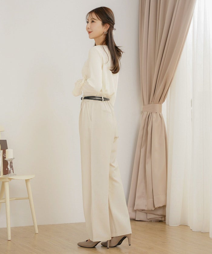 ボトムス パンツ ワイドパンツ ベルト付き ポケット 高身長向け 脚長 体型カバー センタープレス