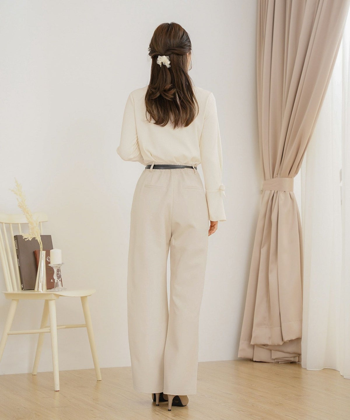 ボトムス パンツ ワイドパンツ ベルト付き ポケット 高身長向け 脚長 体型カバー センタープレス