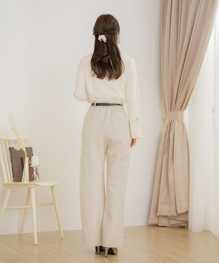 ボトムス パンツ ワイドパンツ ベルト付き ポケット 高身長向け 脚長 体型カバー センタープレス